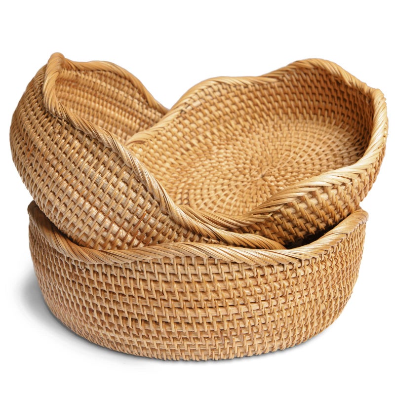 HITOMEN Handmade Rattan Bread Baskets Round Wicker Fruit Serving Storage Bowls, Natural Woven Decorative Kitchen Counter Organizing (Honey Brown) Set of 3 - Image 1